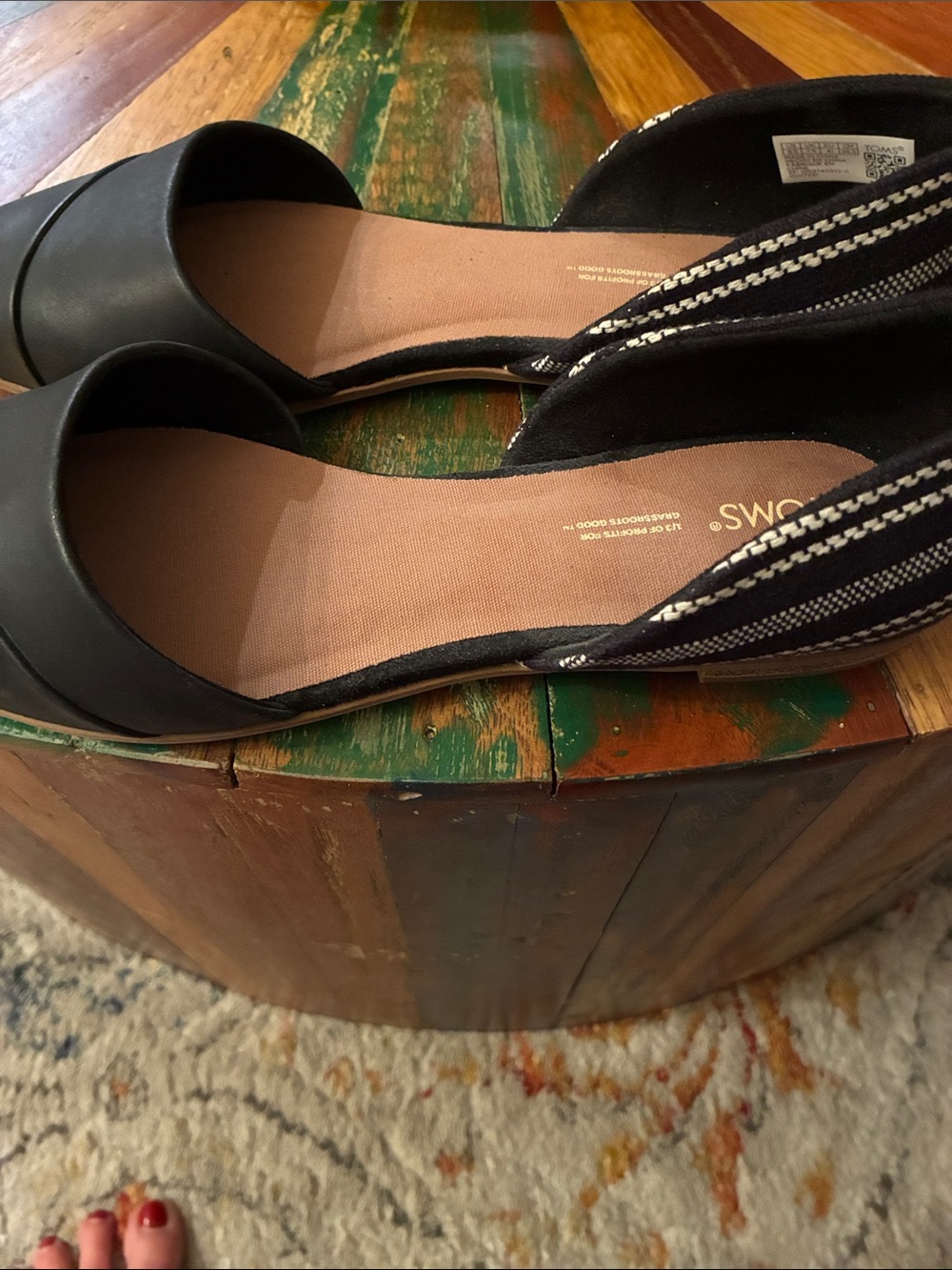 TOMS Black and Tan D'Orsay Flats with Patterned Heel